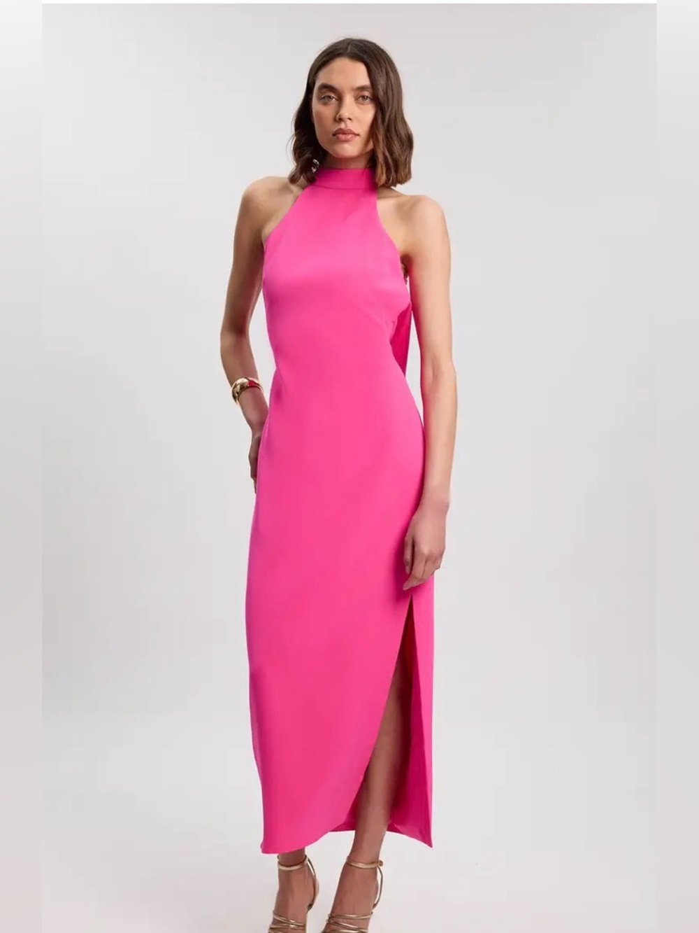 Karen Millen Hot Pink Halter Backless Maxi Dress with Side Slit